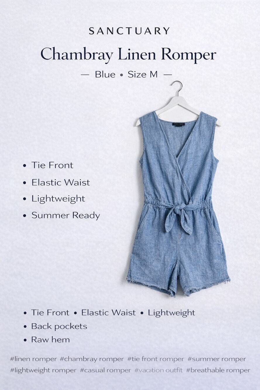 Sanctuary Chambray Linen Romper Tie Front Elastic Waist Blue Medium